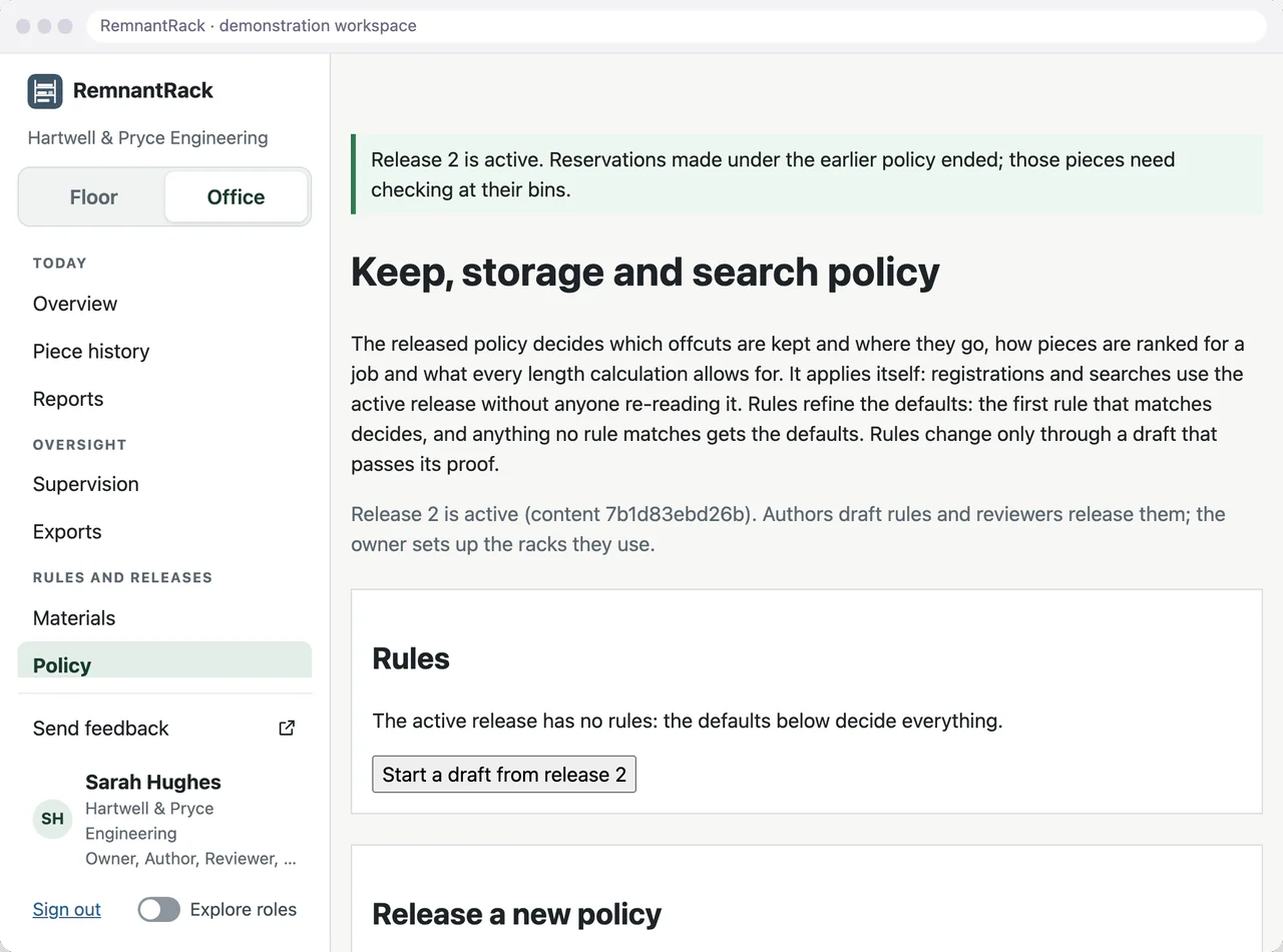 RemnantRack policy page confirming that release 2 is active and that reservations made under the earlier policy ended, so those pieces need checking at their bins